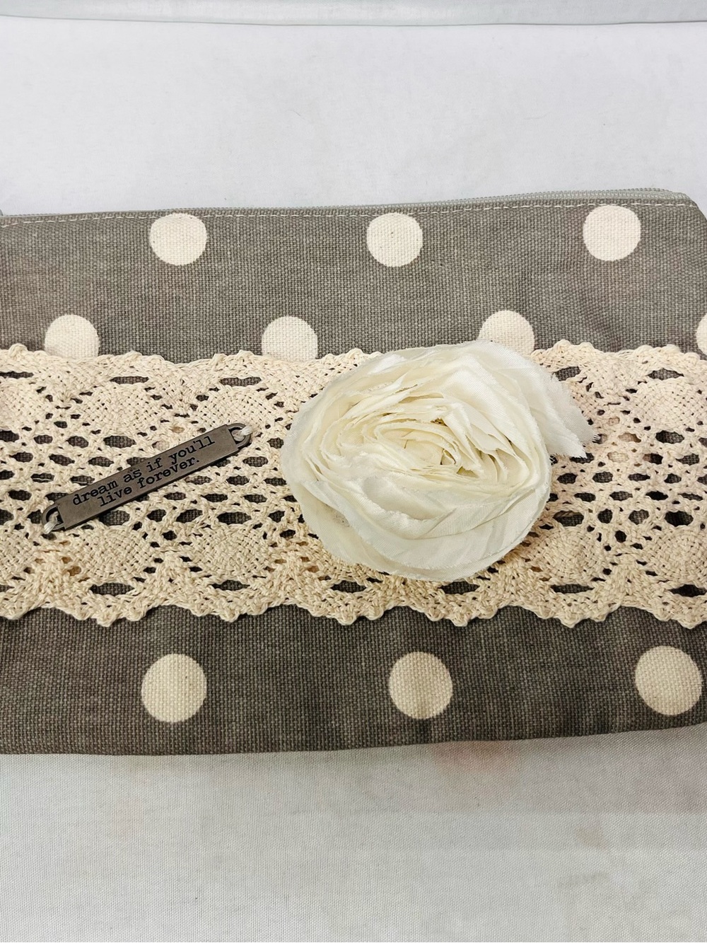 Polka Dot Laceβ Cosmetic Pouch with Cream Flower Accent